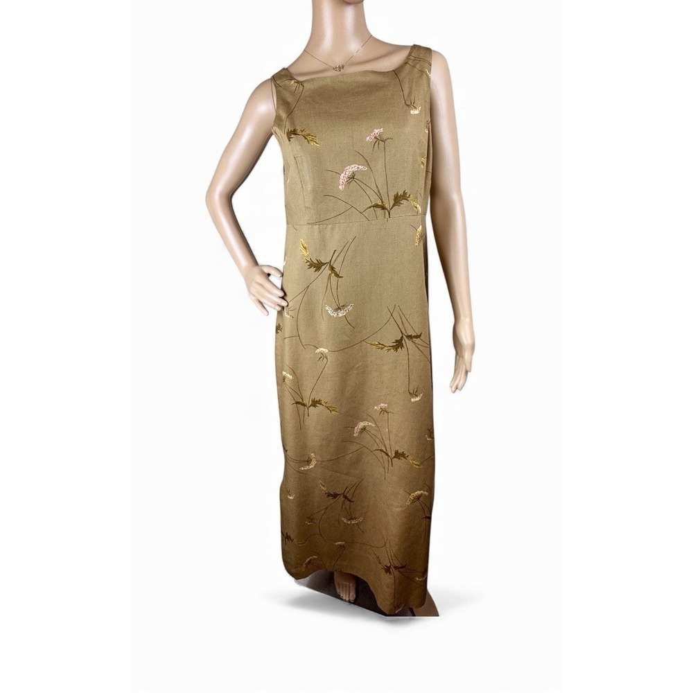 BUSHWACKER Sz 8 Brown‎ Floral Linen Rayon Maxi Sheath Dress Sleeveless USA